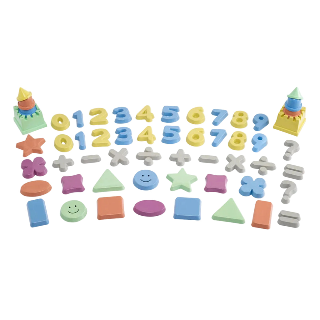 A colorful children's math and shape-learning toy set arranged on a white background, including number blocks from 0 to 9, geometric shapes, operators, and two small tower pieces.