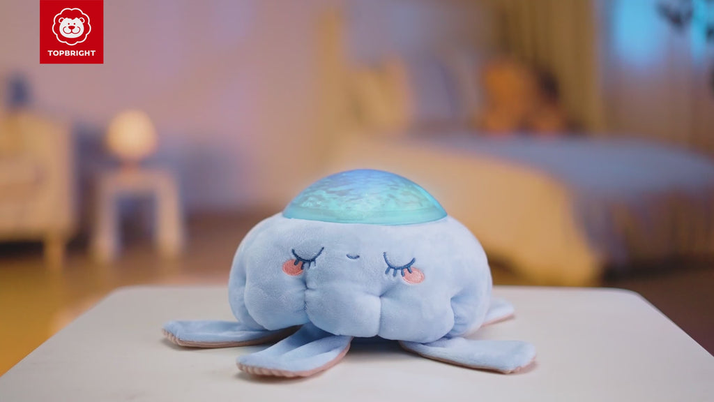 Owner assembling the Jellyfish Nightlight and demonstrating its water-effect projection, gentle movement and sound options