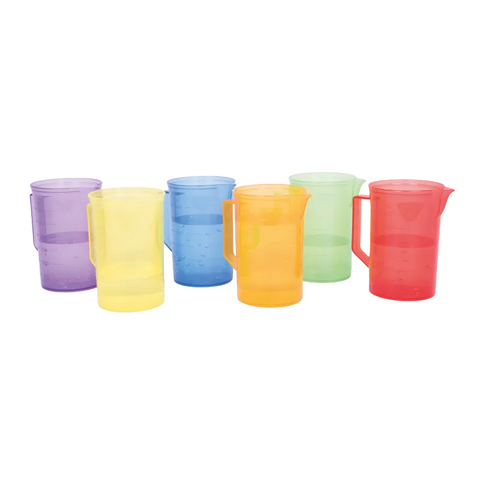 Six translucent plastic pitchers in purple, yellow, blue, orange, light green, and red, arranged in a row on a white background.