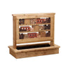 A wooden insect hotel with three tiers of nesting tubes and logs behind wire mesh, set in a matching wooden planter box on a white background.